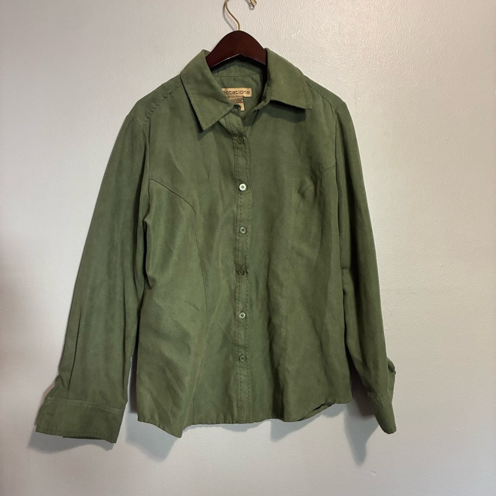 Notations Green Button Down Blouse Small Faux Suede Classic Collared Work Top